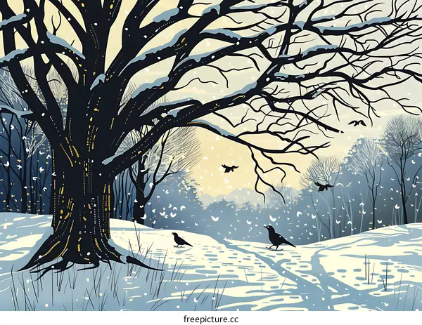 Winter Landscape with Snow Falling and Birds Flying