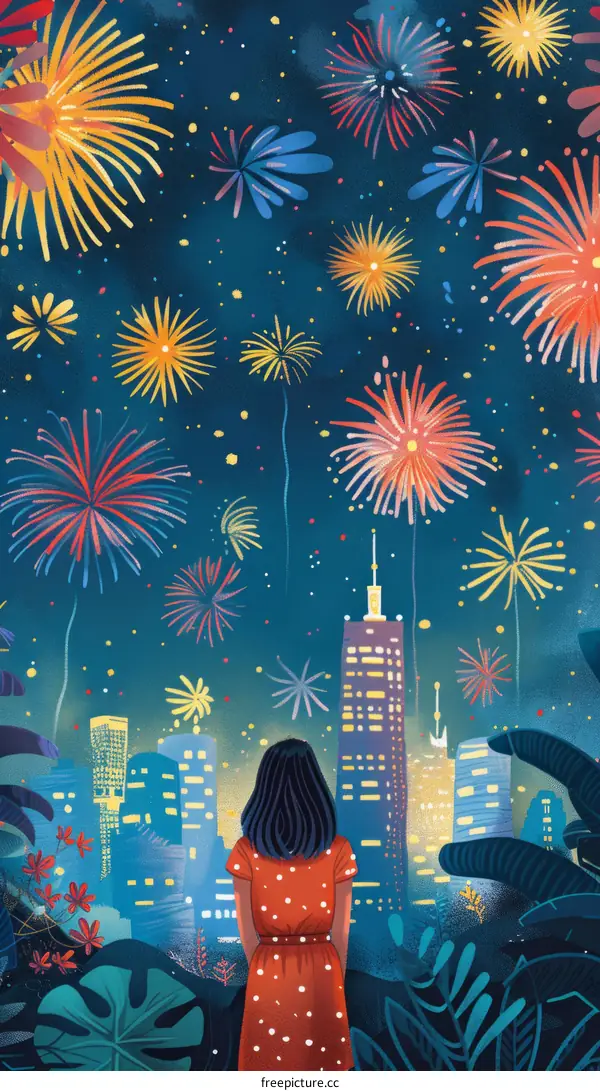 girl watching the fireworks alone on the rooftop