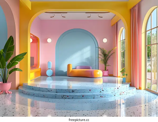 A surreal colorful living room with a sofa and plants