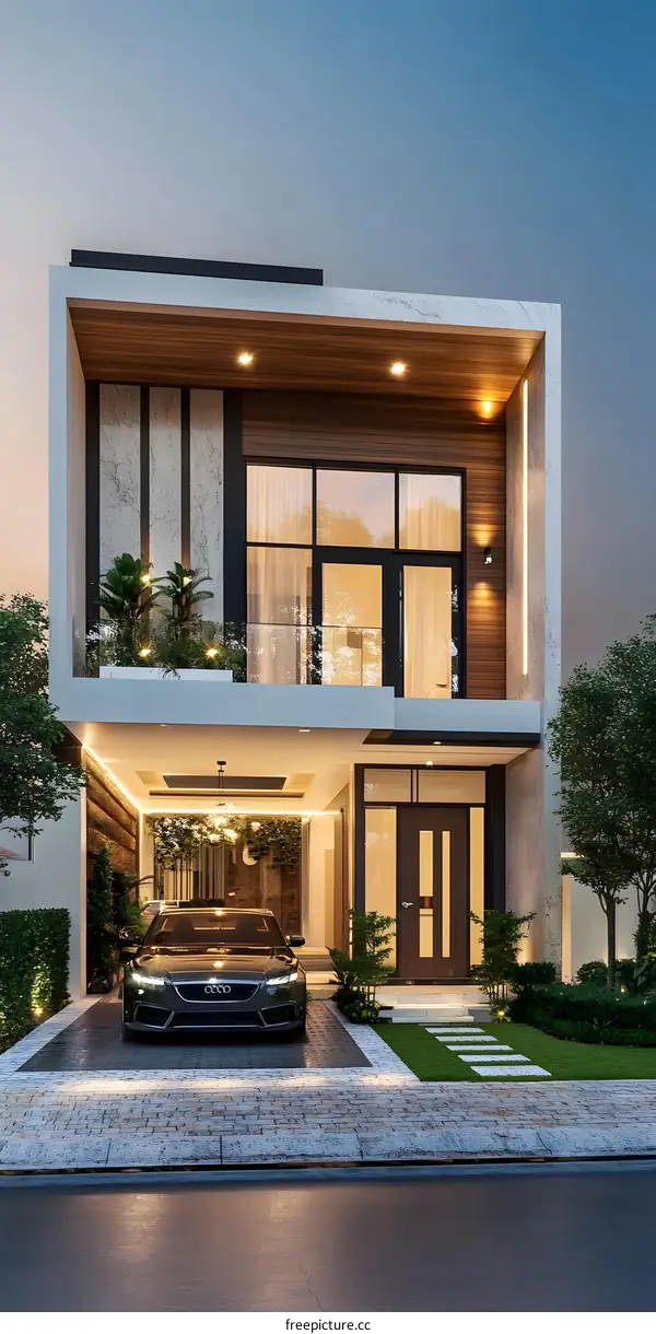 Modern Minimalist House Design with Brick Driveway and Green Landscaping