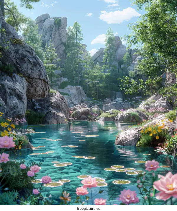 Fantasy Mountain Lake with Pink Flowers
