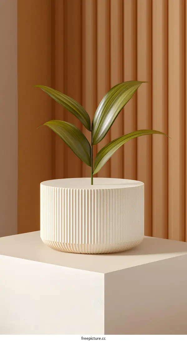 Minimalist Plant in White Pot on Wooden Background