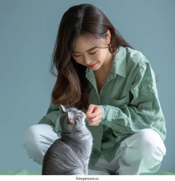 A young woman is feeding a gray cat