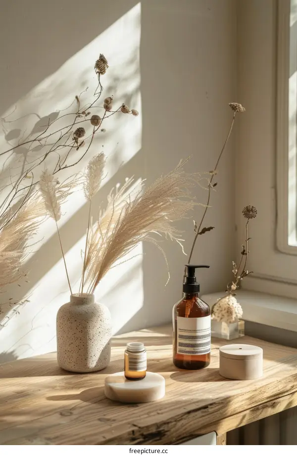 Dried flowers and a bottle of hand soap on a wooden table