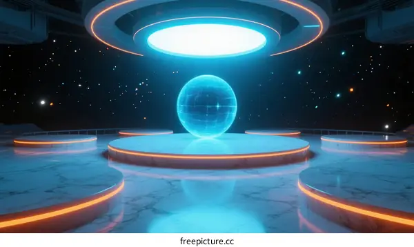 Futuristic glowing platform with spherical hologram in space