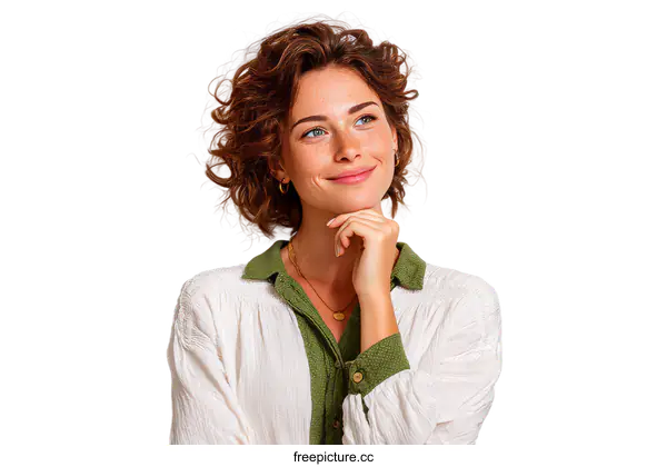 [Transparent Background PNG]Thoughtful Woman Posing in White Shirt