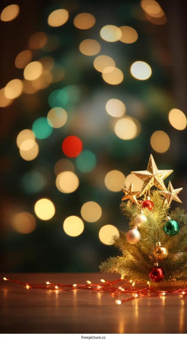 A miniature Christmas tree rests on a wooden table, adorned with shimmering ornaments against a backdrop of twinkling lights.