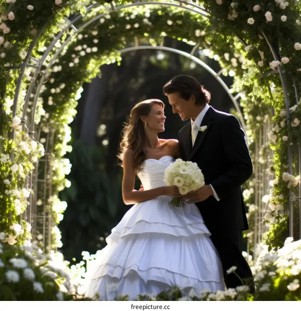 Happy Couple Under Floral Archway