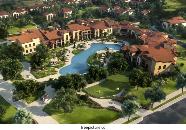 Aerial View of Resort Community with Swimming Pool