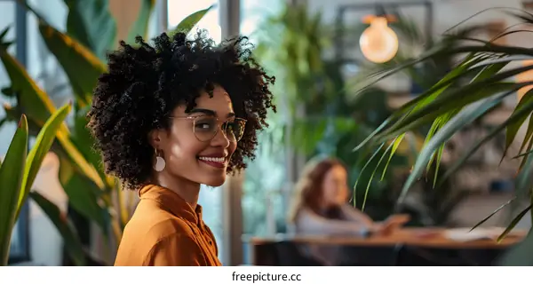 Smiling Woman with Curly Hair Wearing Glasses in a Cafe