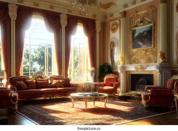 Luxury Living Room Interior Design with Red Velvet Sofa and Gold Accents