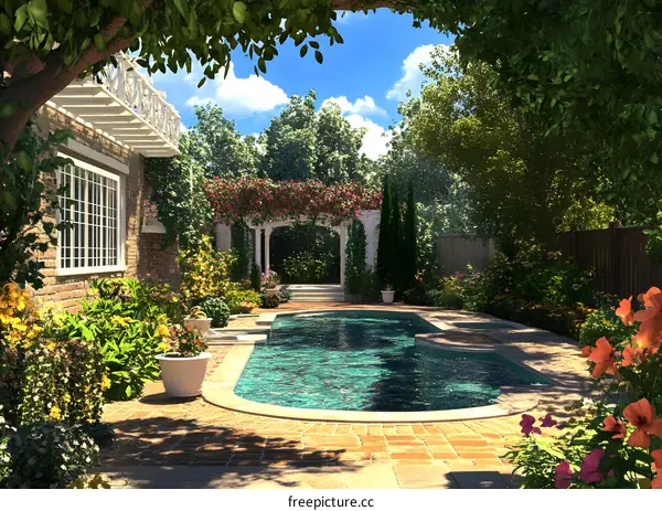 Summer Garden with Swimming Pool and White Arbor