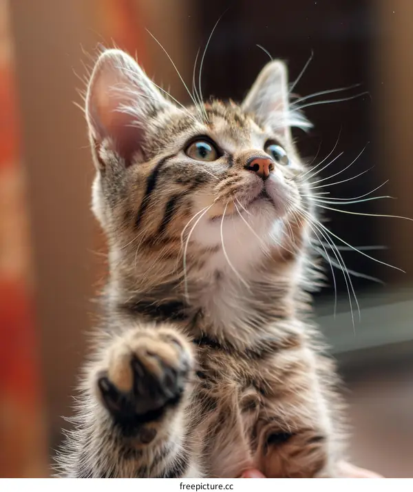 A playful tabby kitten reaches out with its paw