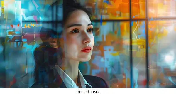 Thoughtful Woman Looking Through Window With Abstract Background