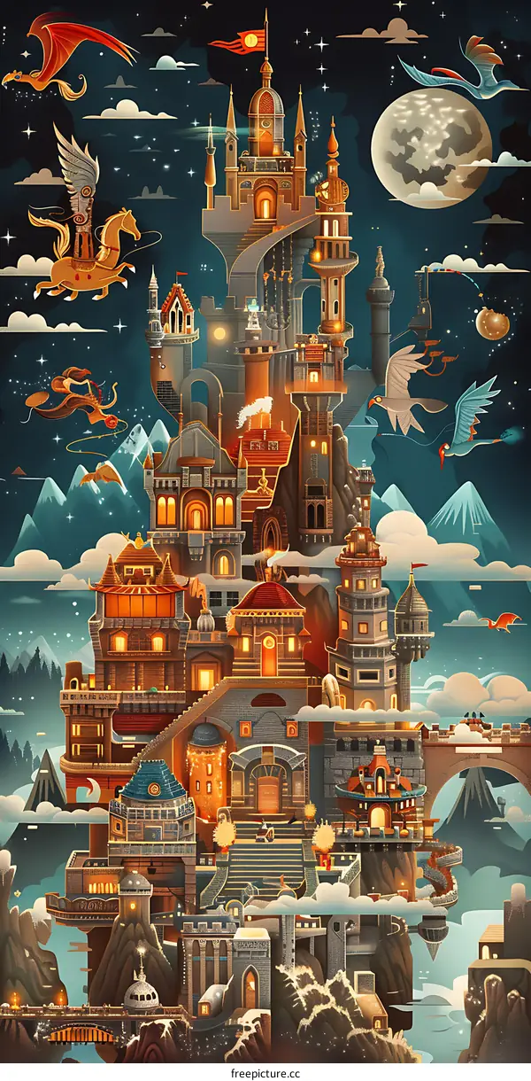 Fantasy Cityscape With Flying Creatures In The Sky