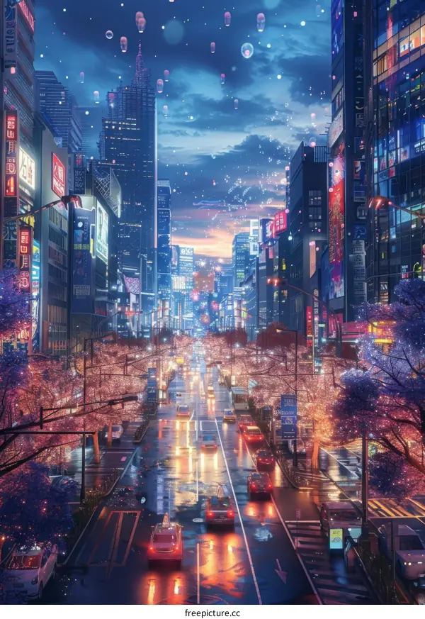 Rainy Night Cityscape with Cherry Blossoms