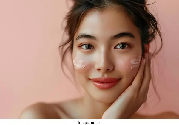 Beautiful Young Asian Woman Applying Facial Cream