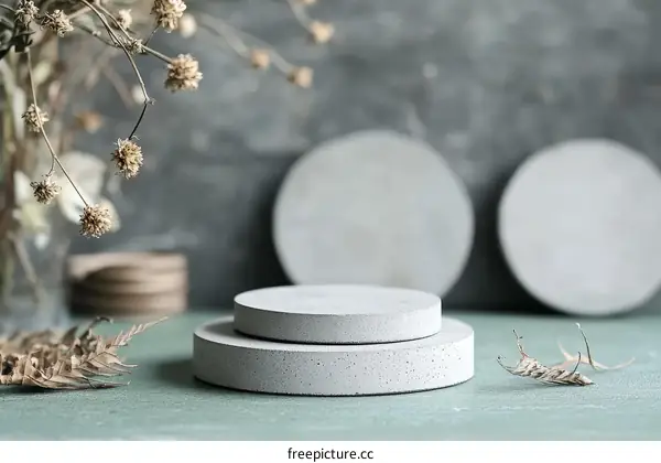 Elegant Grey Concrete Display Platforms with Dried Flowers