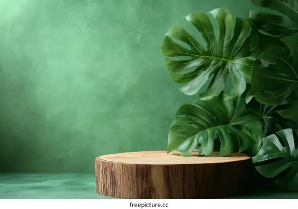 Green Background Display with Tropical Leaves and Wooden Stump