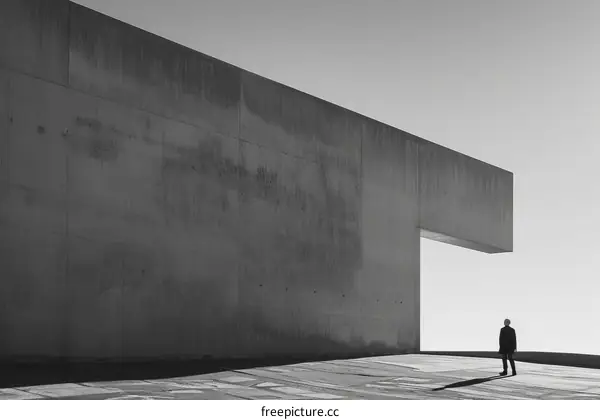 Black and white photo of a person standing in front of a concrete wall
