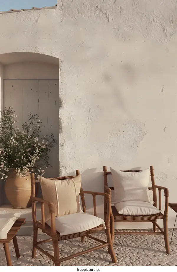 White Wall with Two Chairs and a Potted Plant