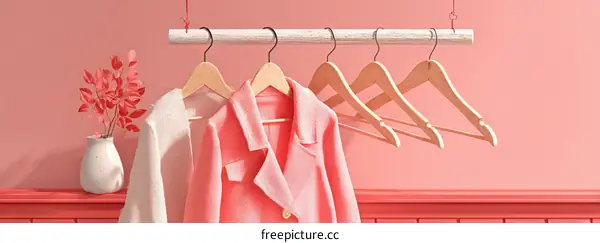 Stylish Pink and Beige Coats on Wooden Hangers