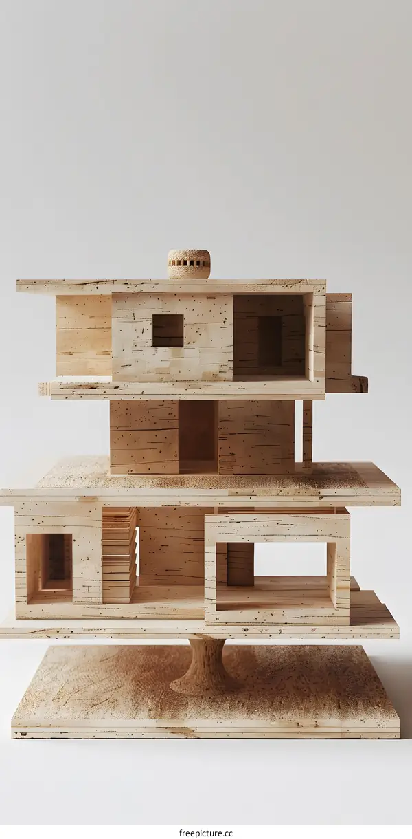 Wooden Model of a House with a Tree Base