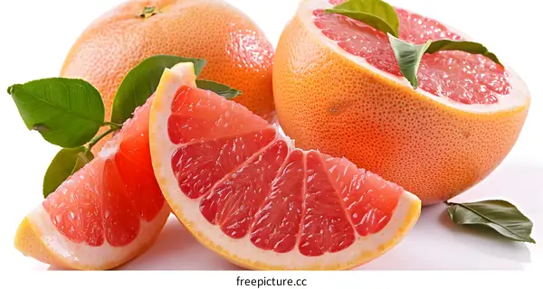 Fresh Red Grapefruit Slices with Green Leaves