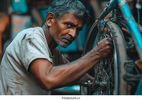 Indian Man Repairing Bicycle Wheel In Workshop
