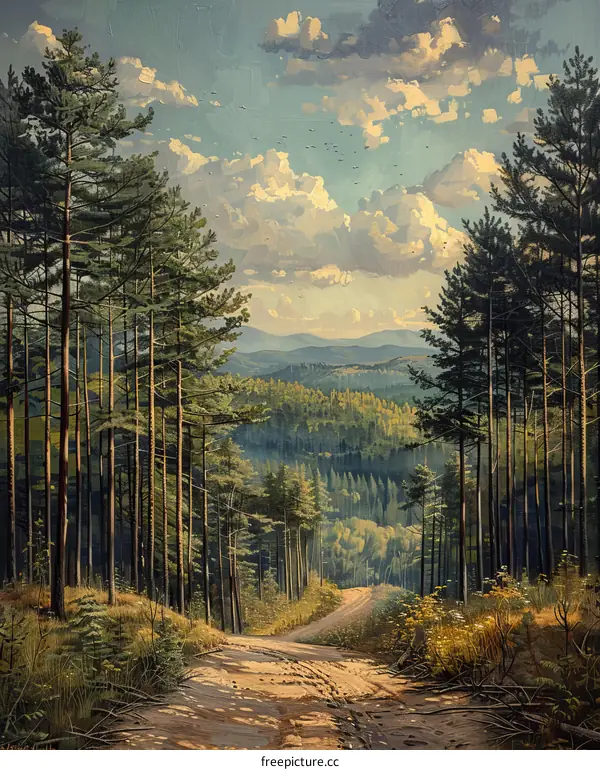 A dirt road through a dense pine forest on a cloudy day