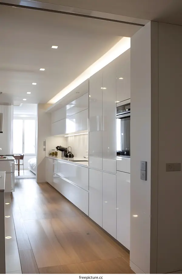 Modern White Kitchen Interior Design with Wooden Floor