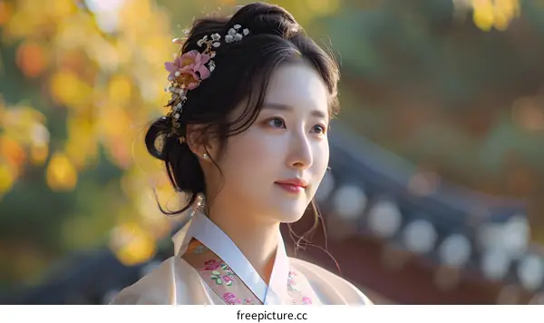 Portrait of a young woman in traditional Korean dress, or Hanbok
