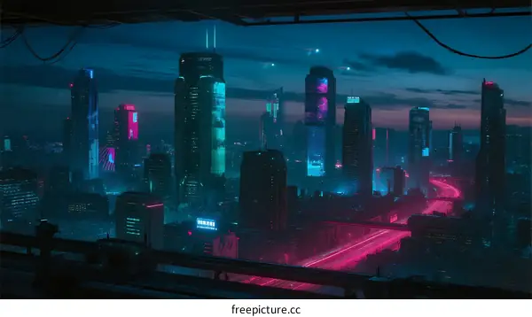 Neon-Lit Urban Skyline with Futuristic Skyscrapers at Night