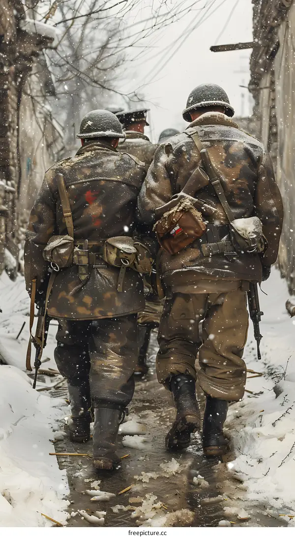 World War II soldiers walking through a snowy street
