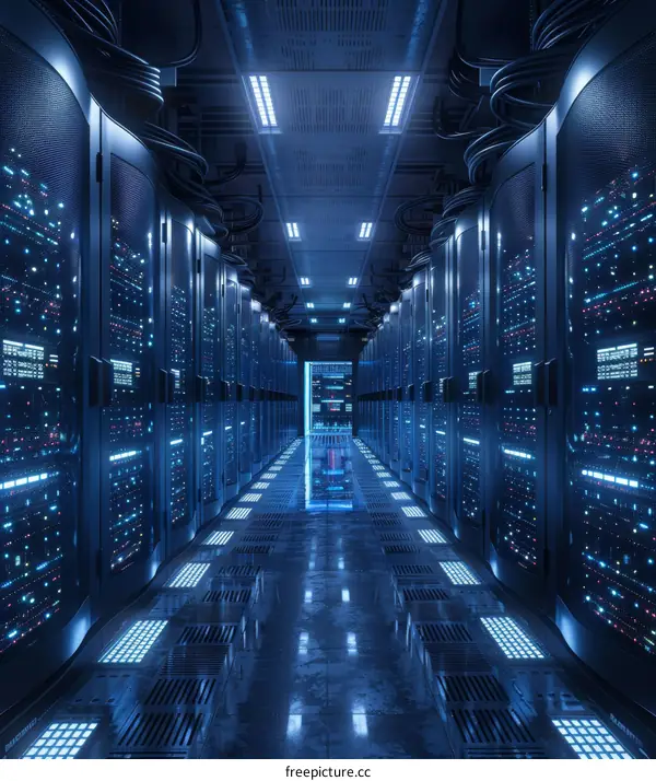 Futuristic server room with blue lights