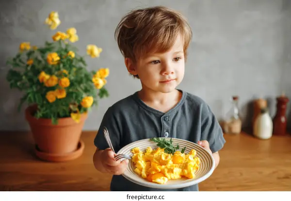 Cute Child Eating Scrambled Eggs