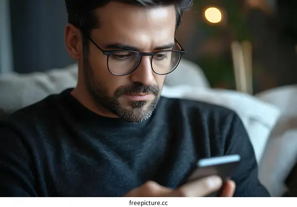Caucasian Man Using Smartphone Indoor