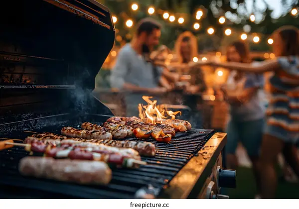 Closeup Of Grilled Food On Barbecue Grill With Blurred People In The Background
