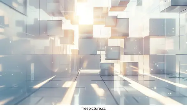 Futuristic 3D Illustration with Abstract Suspended Cubes and Light Rays