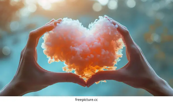 Two hands cupping a pink heart-shaped smoke