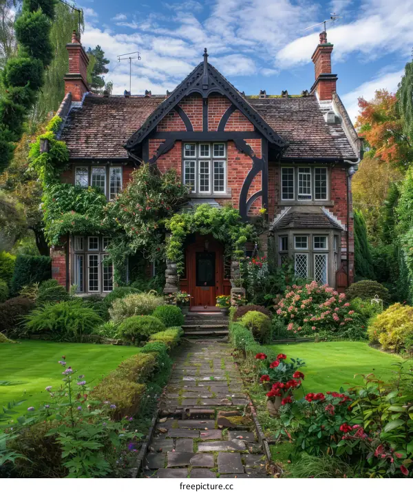 A beautiful English cottage with a garden full of flowers