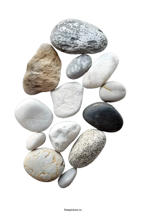 [Transparent Background PNG]Collection of various smooth grey and brown stones on white background