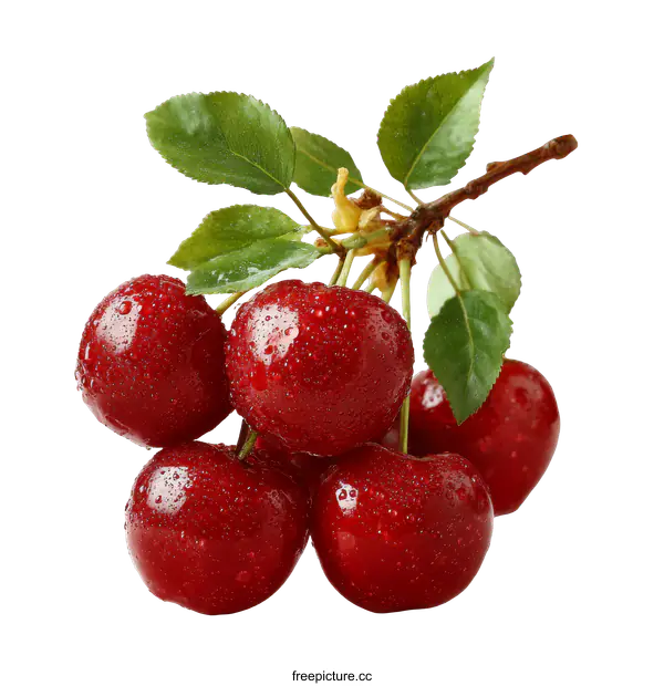 [Transparent Background PNG]Fresh Cherries Cluster with Dew Drops