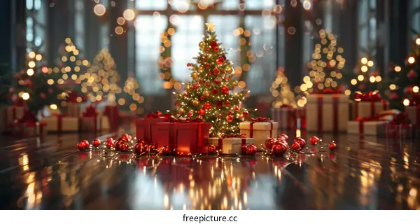 Christmas Tree and Presents in a Festive Indoor Setting