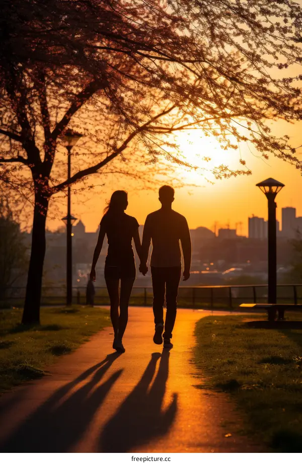 Couple holding hands walking into the sunset