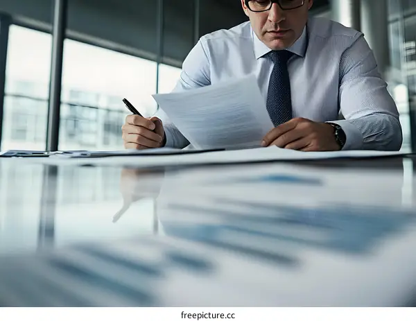 Businessman Reviewing Documents At Desk