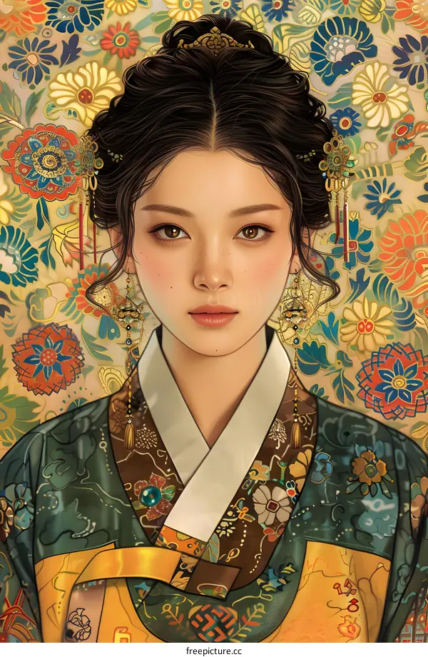 A digital painting of a young woman in a traditional Korean hanbok dress with a floral background