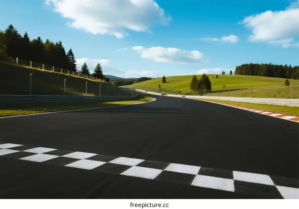 A winding race track with checkered start line in a scenic landscape