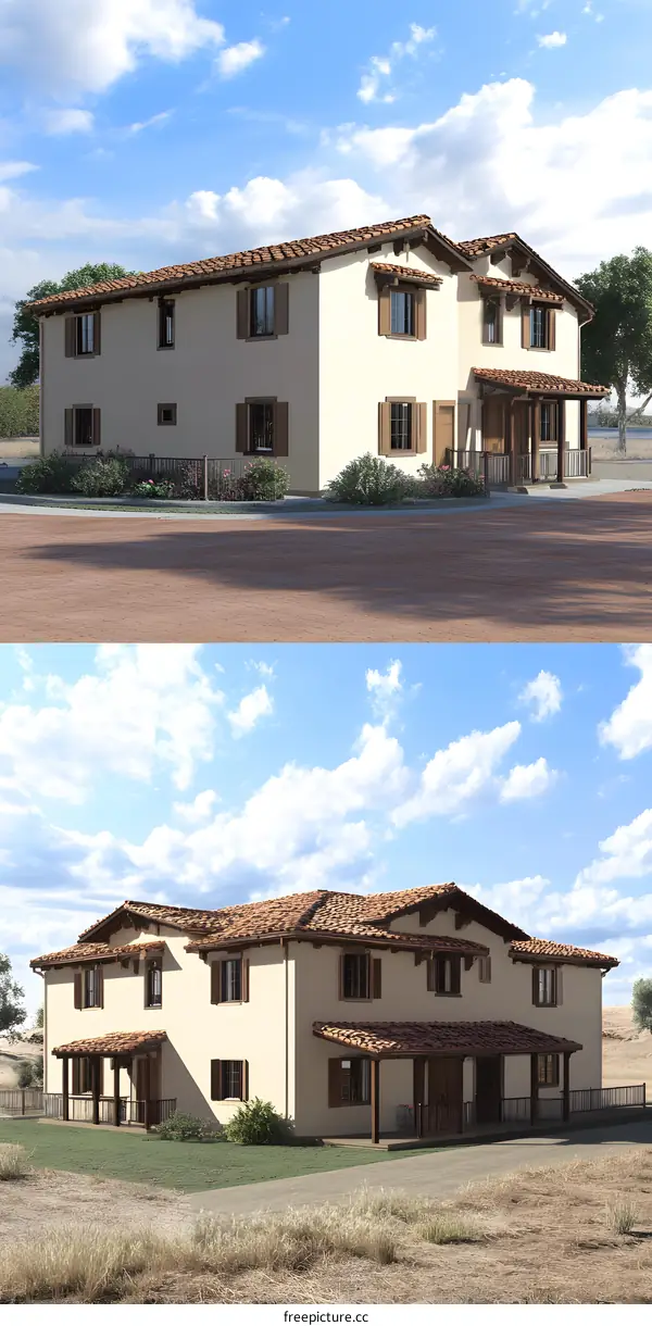 Exterior of a Modern Villa with Brown Roof Tiles and White Walls