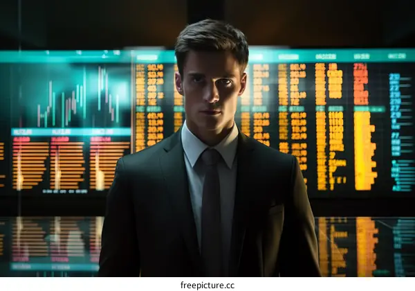 Confident Businessman in front of Stock Market Display